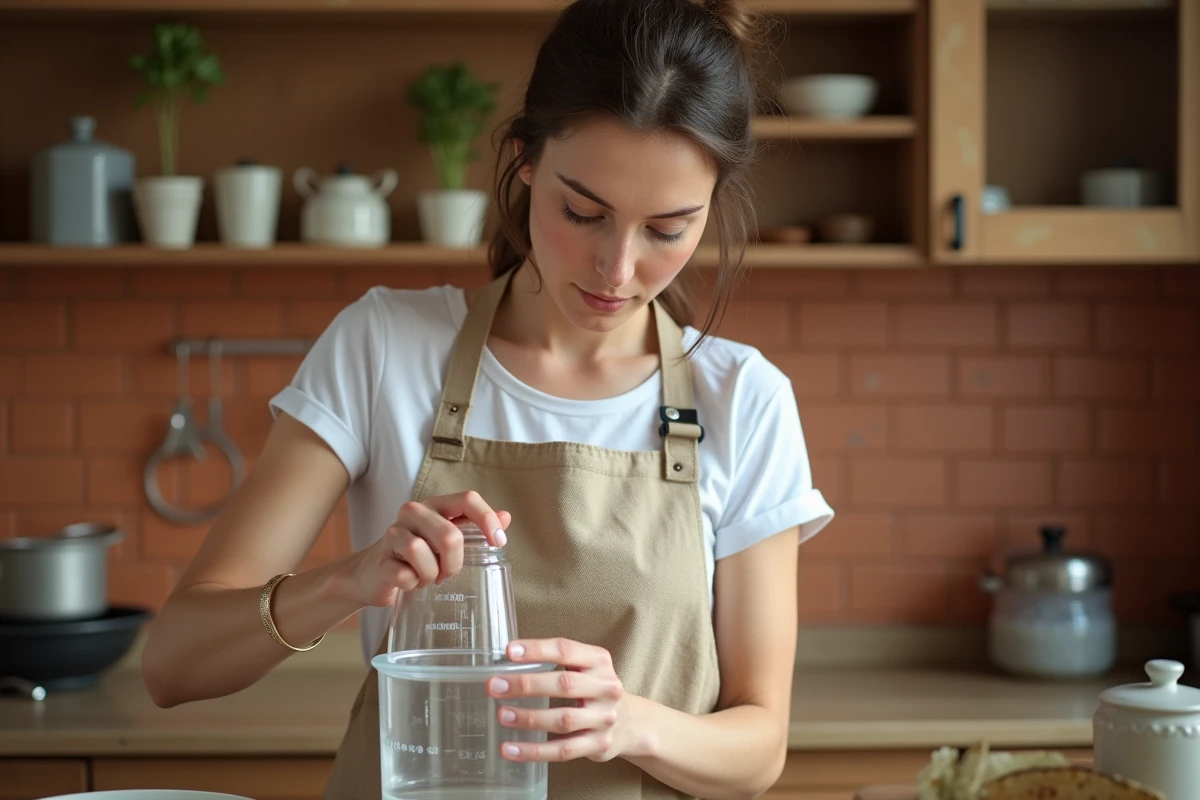 Femme versant de l'eau dans un récipient gradué de 600 ml dans une cuisine pour un dosage précis