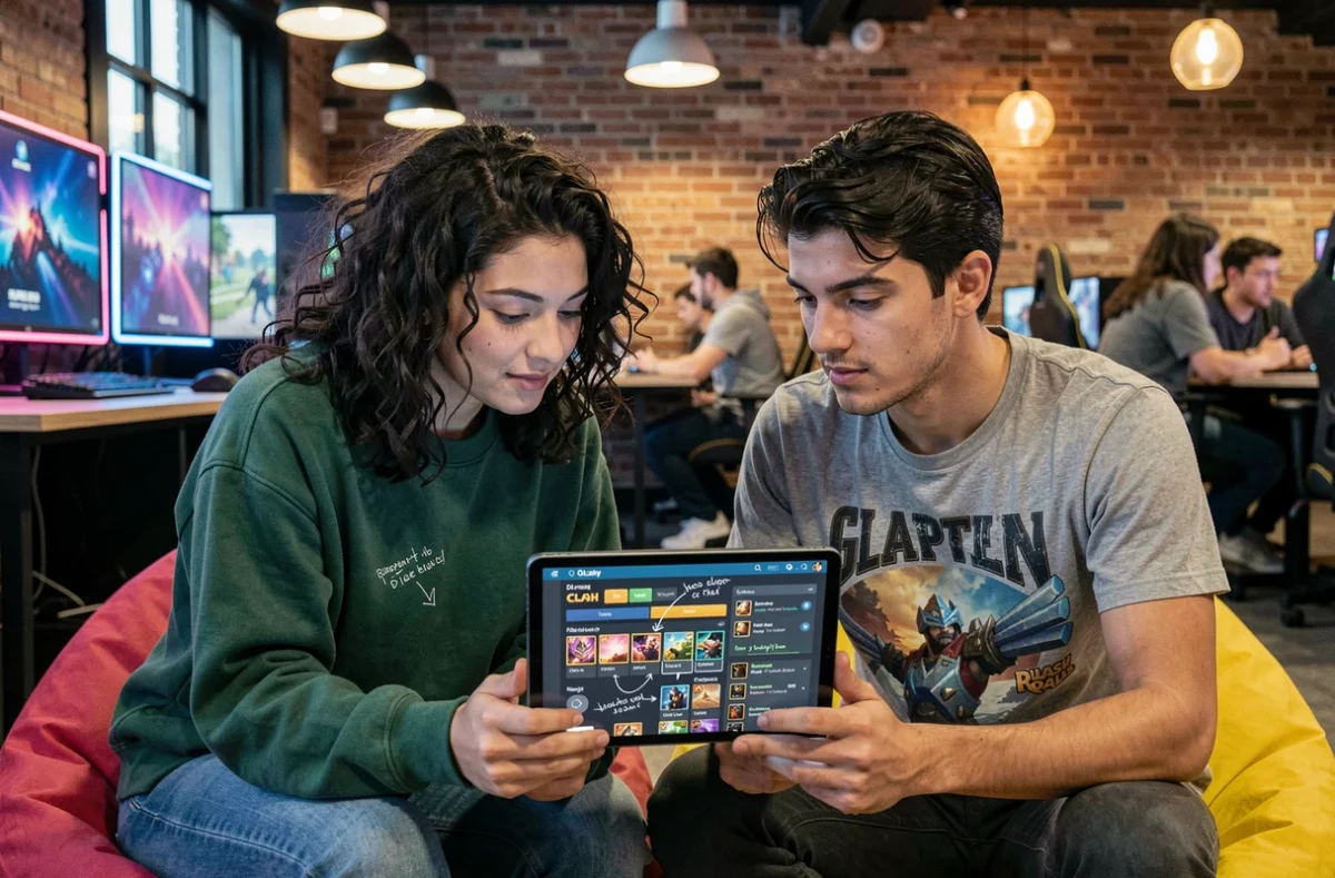 Deux joueurs discutant des stratégies de deck Clash Royale sur tablette dans un café esport