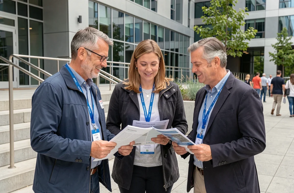Professionnels de la recherche et acteurs associatifs échangeant lors d'un événement public de dialogue sciences-société devant un bâtiment scientifique contemporain