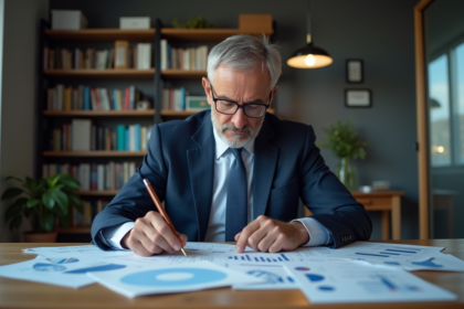 Economiste homme en costume analysant des graphiques financiers