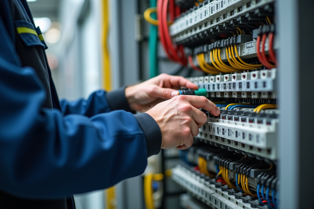 Mains d'électricien câblant un tableau électrique moderne