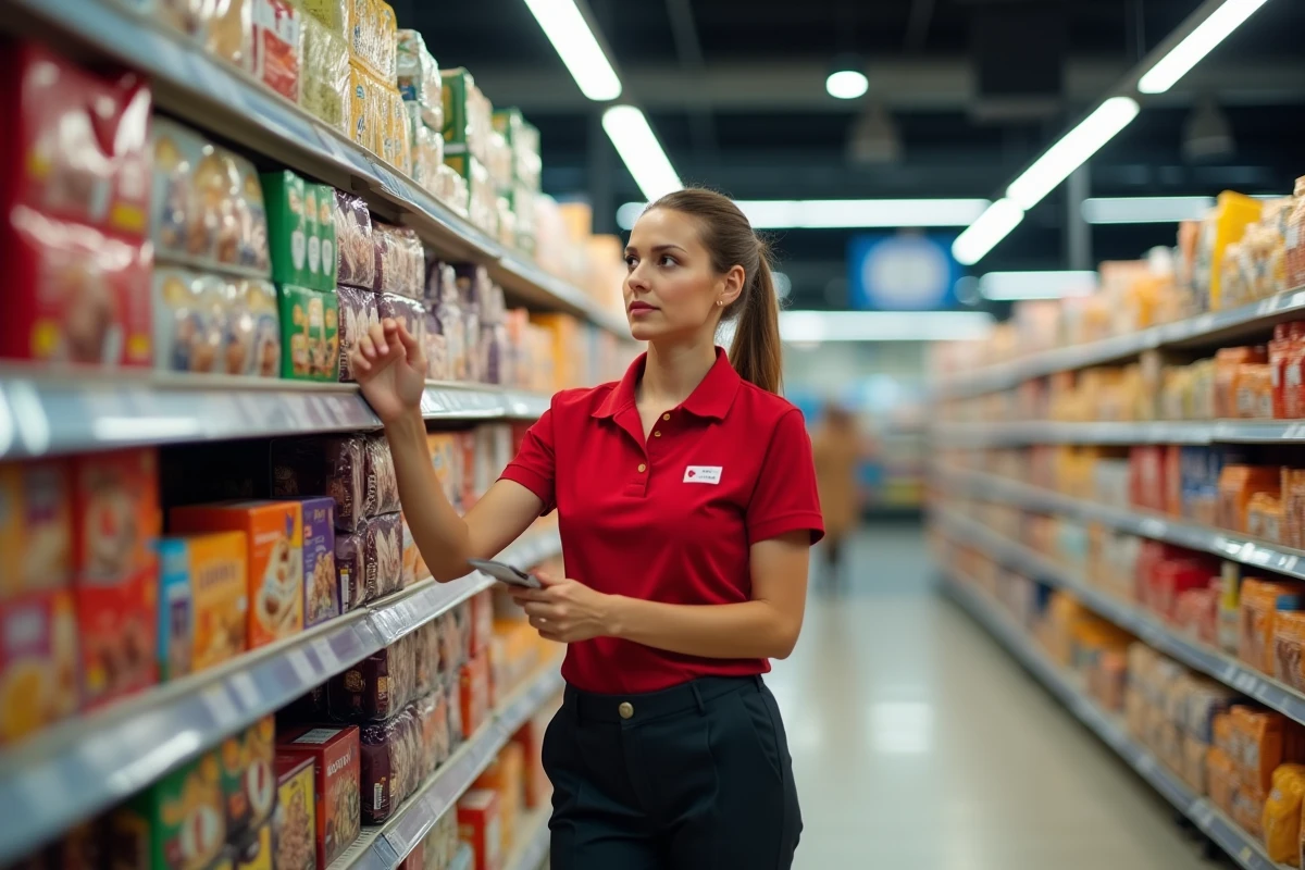 Employée Lidl en uniforme rouge réapprovisionant les rayons à l'intérieur du magasin