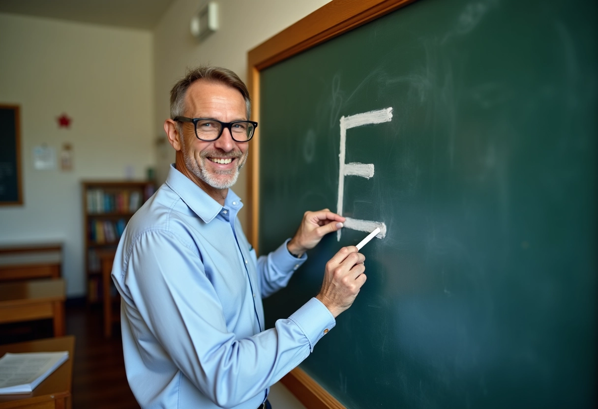 Professeur dessinant un E majuscule au tableau