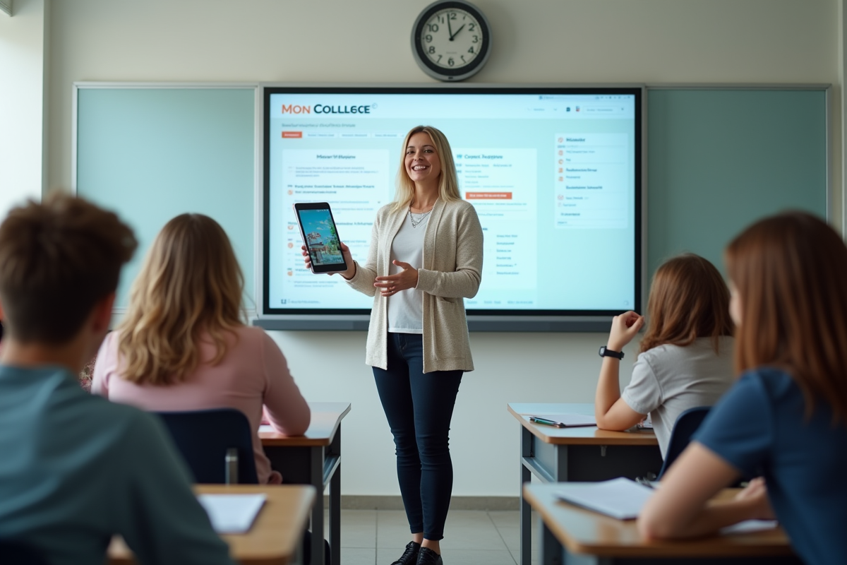 Professeure expliquant le portail scolaire aux élèves