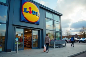 Entrée d'un supermarché Lidl avec des clients approchant des portes automatiques, signalétique jaune et bleue visible