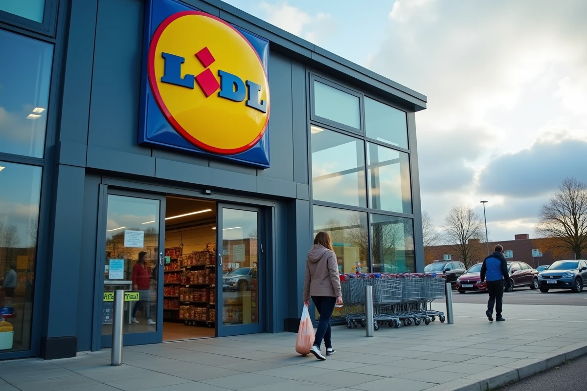 Entrée d'un supermarché Lidl avec des clients approchant des portes automatiques, signalétique jaune et bleue visible