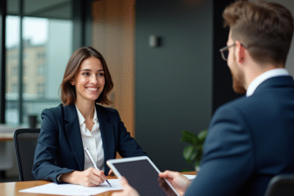 Entrepreneure confiante en réunion avec investisseur professionnel