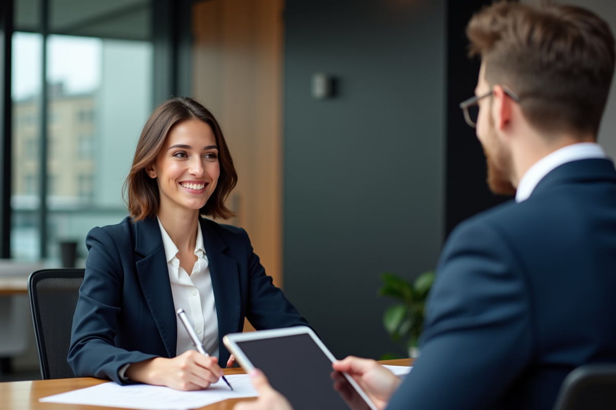 Entrepreneure confiante en réunion avec investisseur professionnel