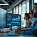 Equipe d'analystes de donnees collaborant en bureau lumineux