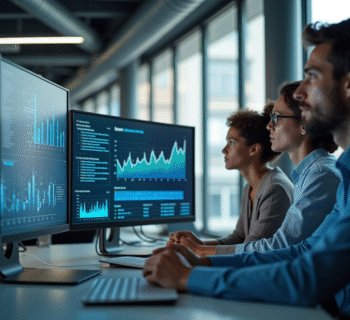 Equipe d'analystes de donnees collaborant en bureau lumineux