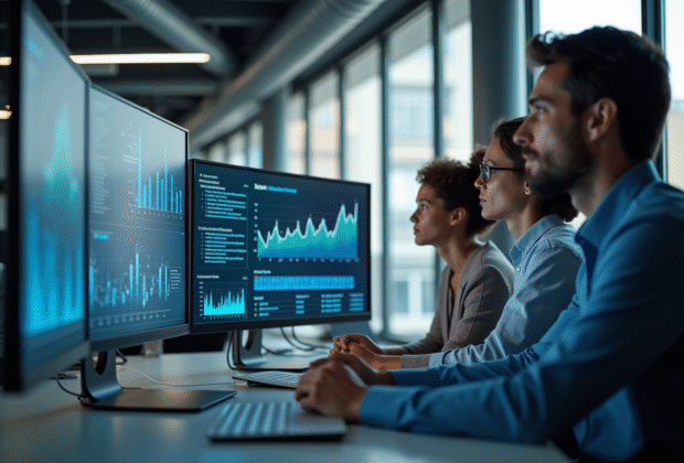 Equipe d'analystes de donnees collaborant en bureau lumineux