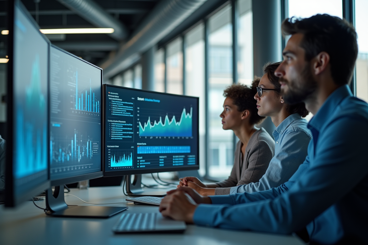 Equipe d'analystes de donnees collaborant en bureau lumineux
