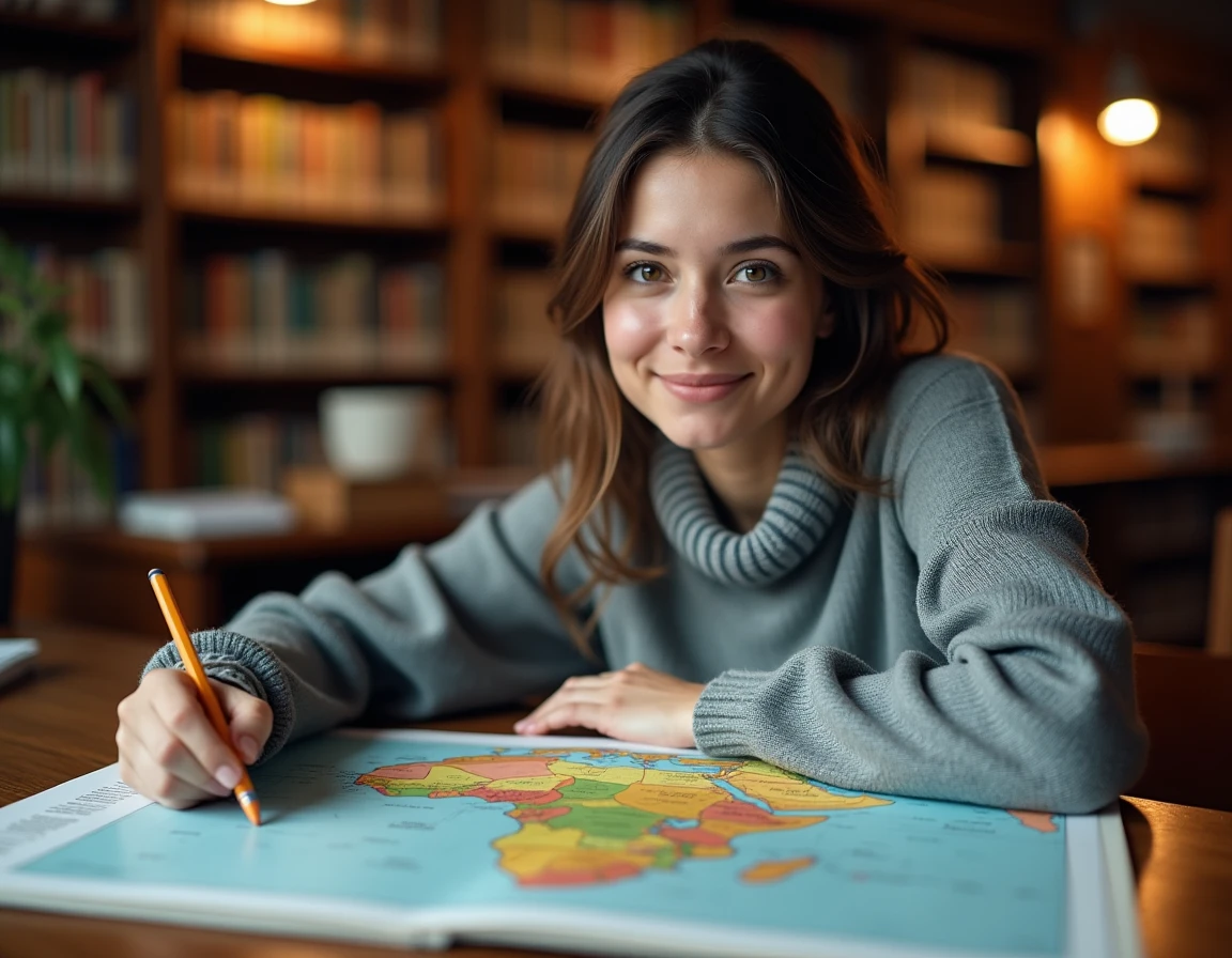 Étudiante consultant un atlas géographique ouvert sur la carte de l'Afrique avec Mayotte en évidence