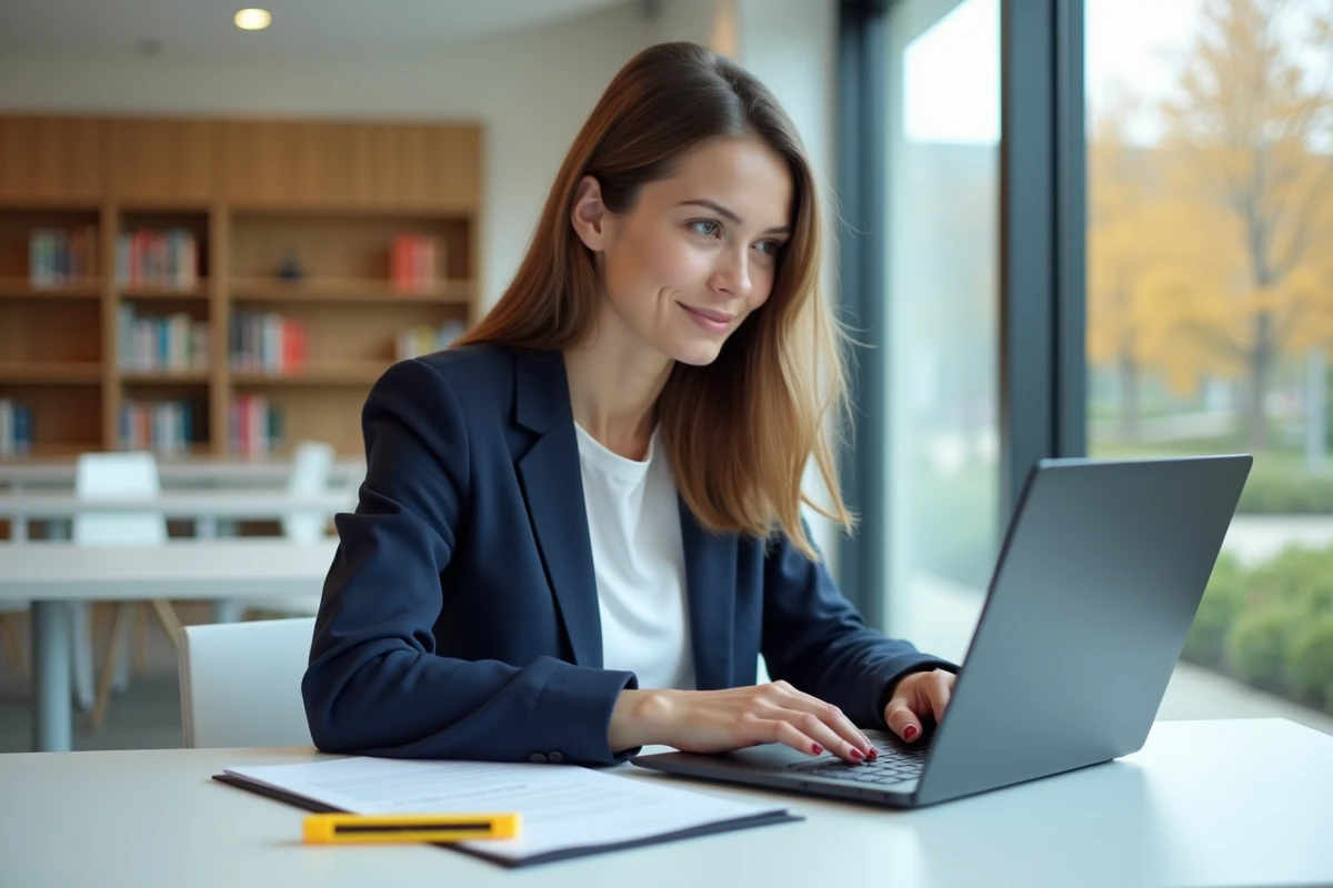 Étudiante en droit consultant un site spécialisé en histoire du droit sur son ordinateur portable