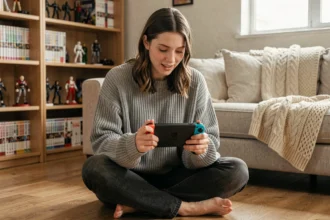 Jeune femme jouant à Pokémon sur Nintendo Switch dans un salon chaleureux, illustrant comment faire évoluer Évoli en Noctali