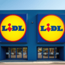 Deux façades de magasin Lidl avec logos différents en plein jour