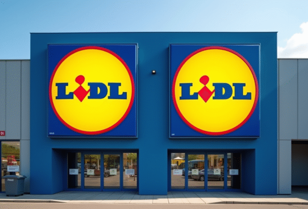 Deux façades de magasin Lidl avec logos différents en plein jour