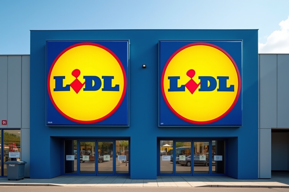 Deux façades de magasin Lidl avec logos différents en plein jour