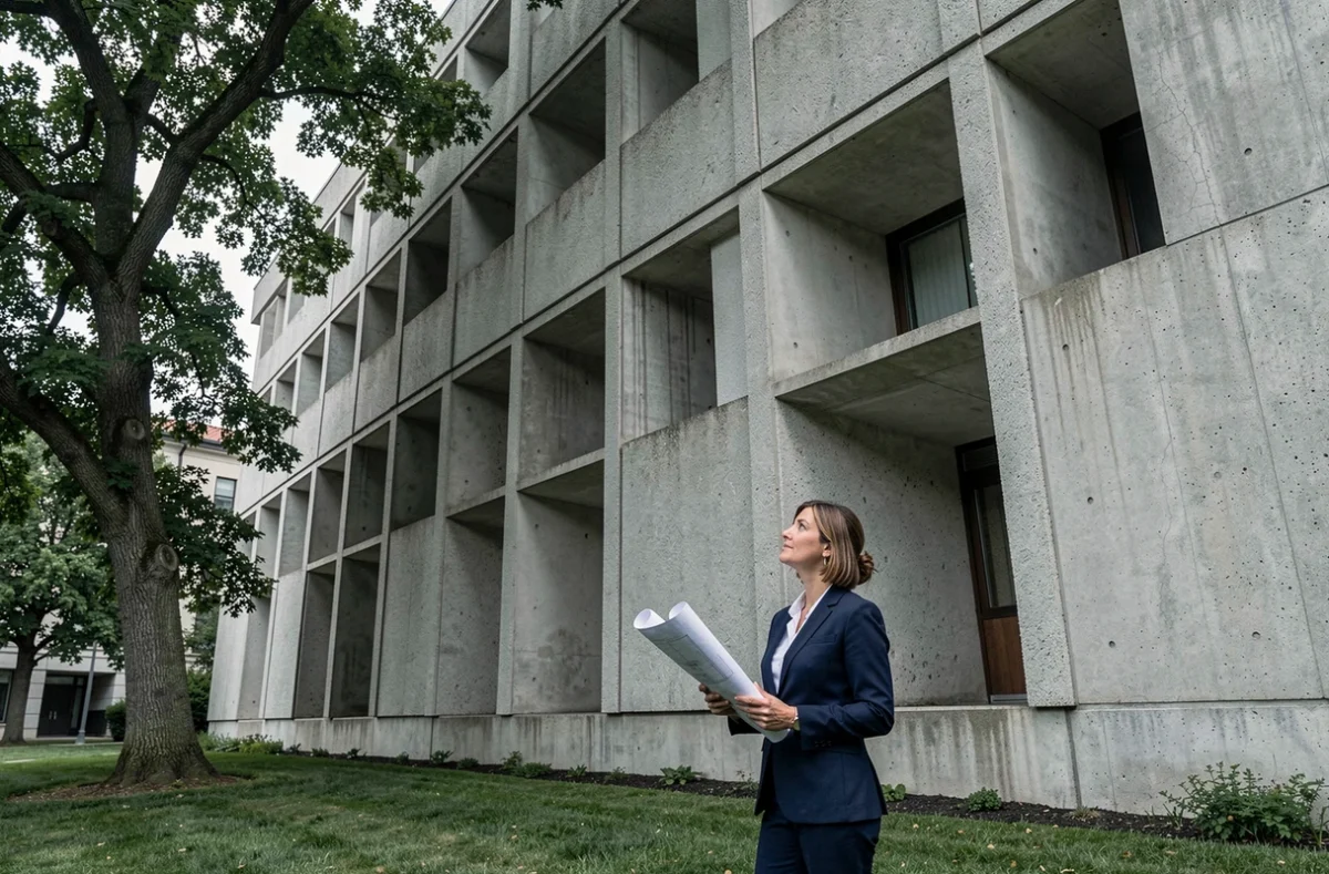Façade brutaliste en béton brut dans le style de Marcel Breuer avec une architecte examinant les plans devant le bâtiment