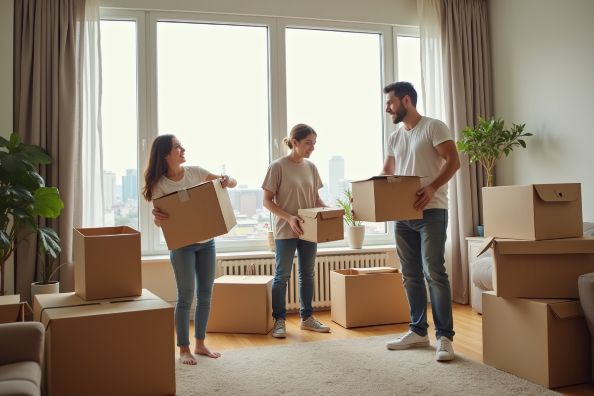 Famille déballant des cartons dans un appartement lumineux