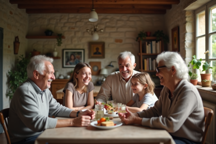 Trois générations de famille réunies autour d'une table en bois