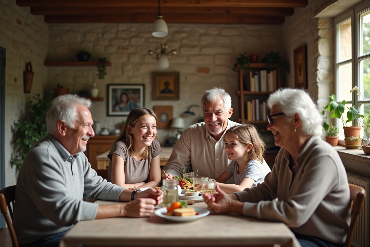 Trois générations de famille réunies autour d'une table en bois