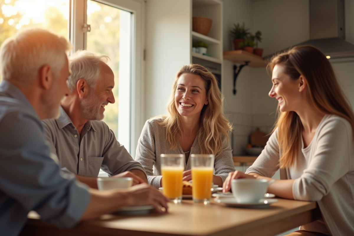 Famille multigeneration heureuse réunie dans une cuisine lumineuse