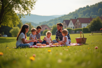 Famille heureuse pique-niquant dans un parc près d'un village français