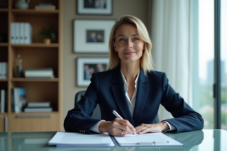 Femme d'affaires en costume navy prête à signer des documents