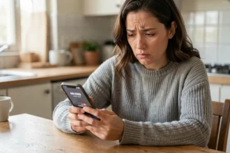 Femme agacée regardant un numéro de téléphone inconnu sur son smartphone dans sa cuisine