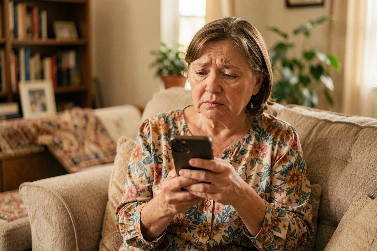 Femme âgée inquiète consultant un numéro de téléphone inconnu sur son canapé dans son salon