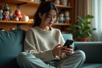 Jeune femme consultant un agenda d'épisodes anime sur smartphone dans un salon décoré de figurines et mangas
