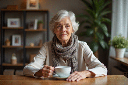 Femme mature souriante tenant une tasse de thé dans un salon chaleureux