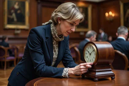 Femme élégante examine une montre ancienne lors d'une vente aux enchères