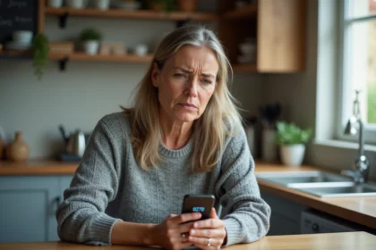 Femme agacée recevant un appel téléphonique indésirable d'un numéro 0270 sur son smartphone dans une cuisine moderne