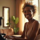 Femme afroamericana élégante souriante au piano dans un salon lumineux