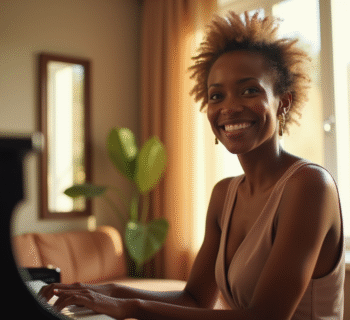 Femme afroamericana élégante souriante au piano dans un salon lumineux