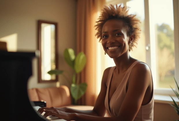 Femme afroamericana élégante souriante au piano dans un salon lumineux