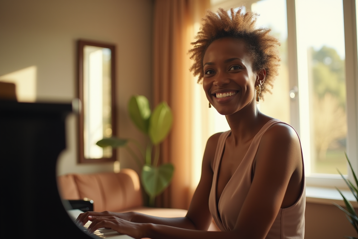 Femme afroamericana élégante souriante au piano dans un salon lumineux