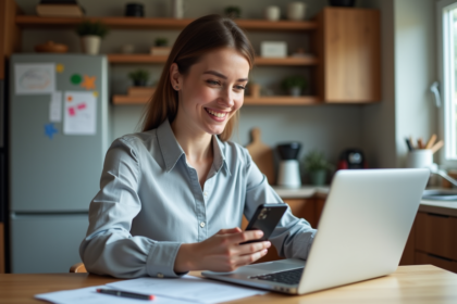 Femme d'âge moyen travaillant à la maison sur un ordinateur portable
