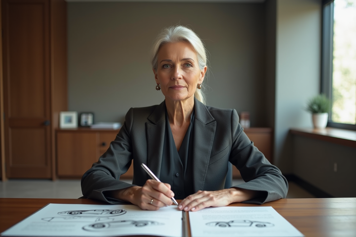 Femme élégante en blazer assise à un bureau avec croquis auto