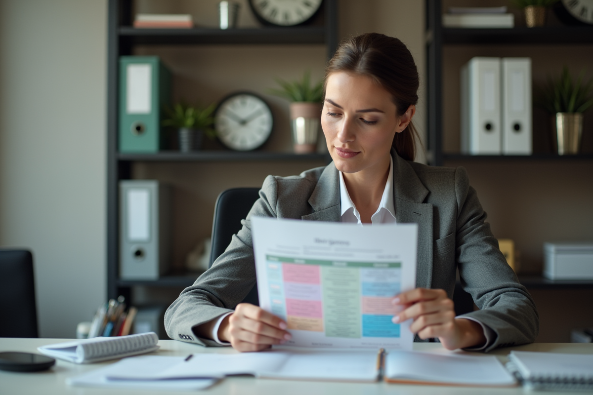 Femme en tenue professionnelle examinant un planning coloré
