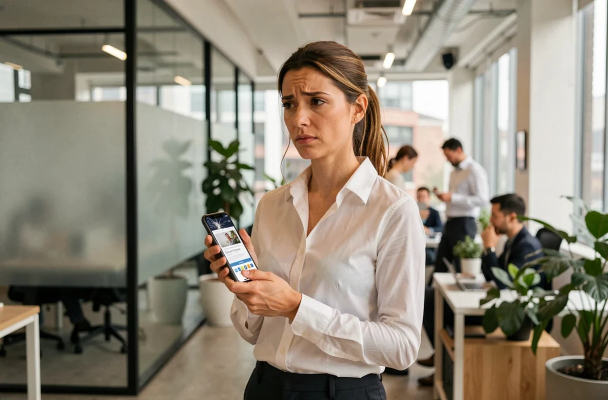 Femme en bureau consultant un site web suspect sur son smartphone avec une expression méfiante
