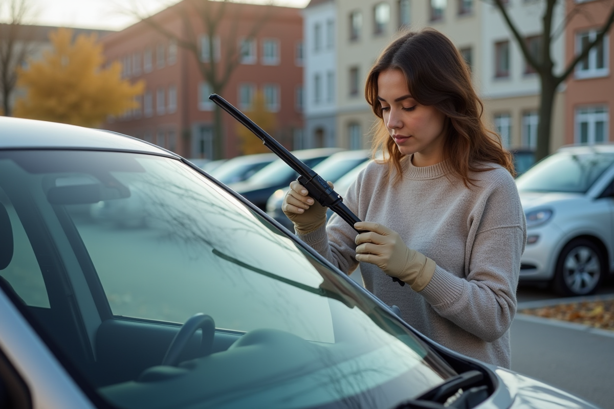 Femme installant un essuie-glace sur une voiture en ville