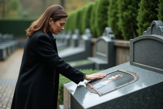 Femme réfléchissant devant une pierre tombale avec photo céramique