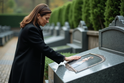 Femme réfléchissant devant une pierre tombale avec photo céramique