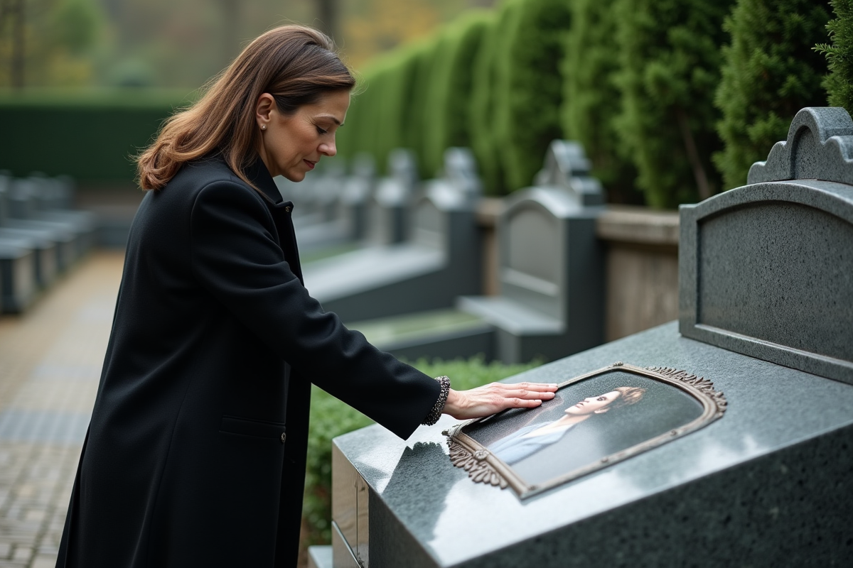 Femme réfléchissant devant une pierre tombale avec photo céramique