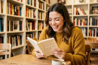 Femme souriante lisant des citations humoristiques dans un carnet dans un café chaleureux