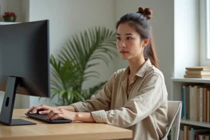 Femme consultant un site web comparatif sur son ordinateur dans un bureau à domicile moderne