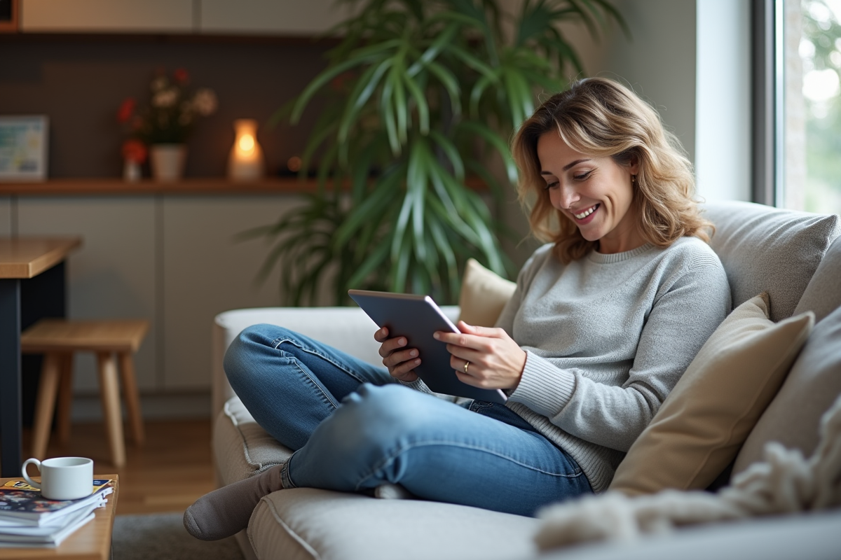 Femme assise sur un canapé avec une tablette dans un salon chaleureux